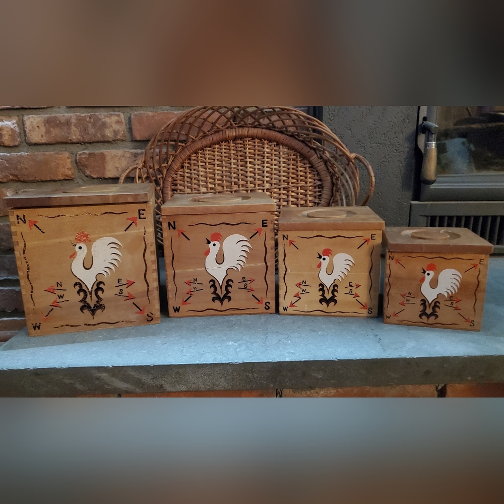 Vintage wooden painted rooster canister  set from Redbird